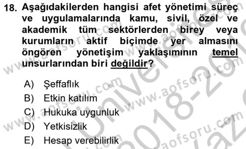 Afet Yönetimi 2 Dersi 2018 - 2019 Yılı Yaz Okulu Sınav Soruları 18. Soru