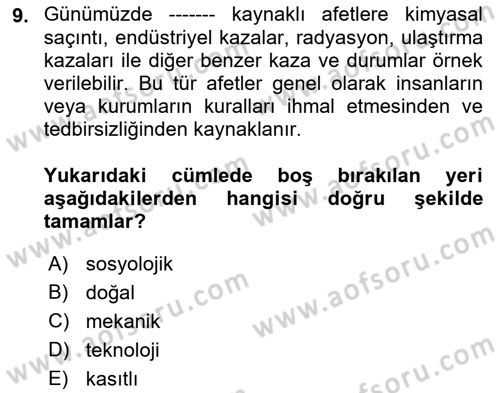 Afet Yönetimi 2 Dersi 2018 - 2019 Yılı Yaz Okulu Sınav Soruları 9. Soru
