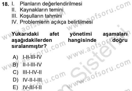 Afet Yönetimi 2 Dersi 2020 - 2021 Yılı Yaz Okulu Sınav Soruları 18. Soru