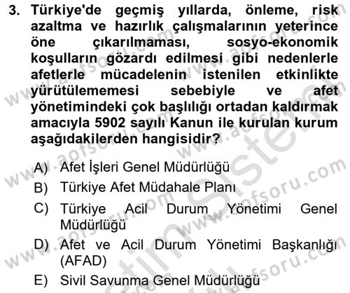 Afet Yönetimi 2 Dersi 2020 - 2021 Yılı Yaz Okulu Sınav Soruları 3. Soru