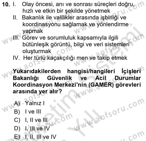 Afet Yönetimi 2 Dersi 2021 - 2022 Yılı Yaz Okulu Sınav Soruları 10. Soru