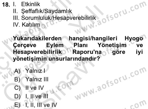 Afet Yönetimi 2 Dersi 2021 - 2022 Yılı Yaz Okulu Sınav Soruları 18. Soru