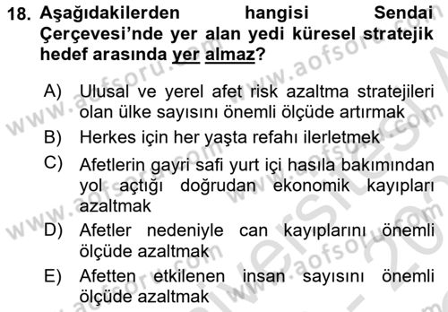Afet Yönetimi 2 Dersi 2022 - 2023 Yılı Yaz Okulu Sınav Soruları 18. Soru