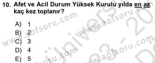 Afet Yönetimi 2 Dersi 2023 - 2024 Yılı (Vize) Ara Sınav Soruları 10. Soru