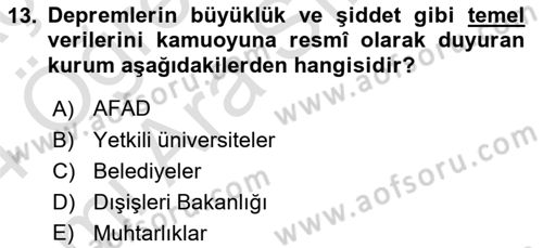 Afet Yönetimi 2 Dersi 2023 - 2024 Yılı (Vize) Ara Sınav Soruları 13. Soru