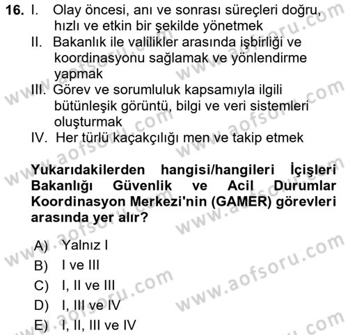 Afet Yönetimi 2 Dersi 2023 - 2024 Yılı (Vize) Ara Sınav Soruları 16. Soru