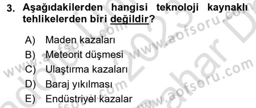 Afet Yönetimi 2 Dersi 2023 - 2024 Yılı (Vize) Ara Sınav Soruları 3. Soru