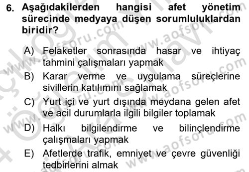 Afet Yönetimi 2 Dersi 2023 - 2024 Yılı (Vize) Ara Sınav Soruları 6. Soru