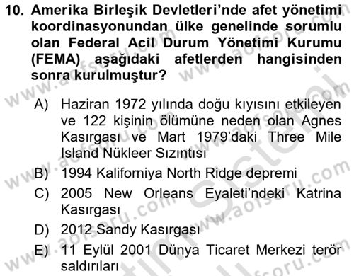 Afet Yönetimi 2 Dersi 2023 - 2024 Yılı Yaz Okulu Sınav Soruları 10. Soru