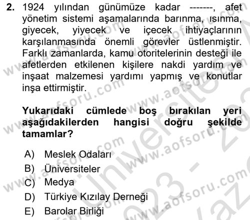 Afet Yönetimi 2 Dersi 2023 - 2024 Yılı Yaz Okulu Sınav Soruları 2. Soru