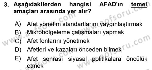 Afet Yönetimi 2 Dersi 2023 - 2024 Yılı Yaz Okulu Sınav Soruları 3. Soru