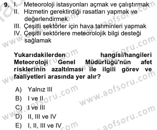 Afet Yönetimi 2 Dersi 2023 - 2024 Yılı Yaz Okulu Sınav Soruları 9. Soru