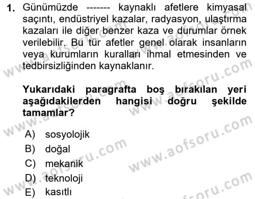 Afet Yönetimi 2 Dersi 2024 - 2025 Yılı (Vize) Ara Sınav Soruları 1. Soru