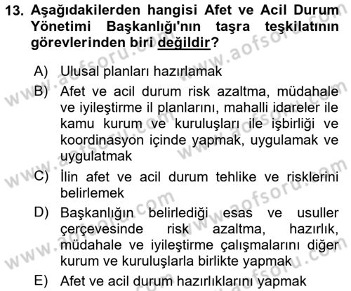 Afet Yönetimi 2 Dersi 2024 - 2025 Yılı (Vize) Ara Sınav Soruları 13. Soru