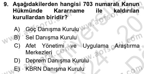 Afet Yönetimi 2 Dersi 2024 - 2025 Yılı (Vize) Ara Sınav Soruları 9. Soru