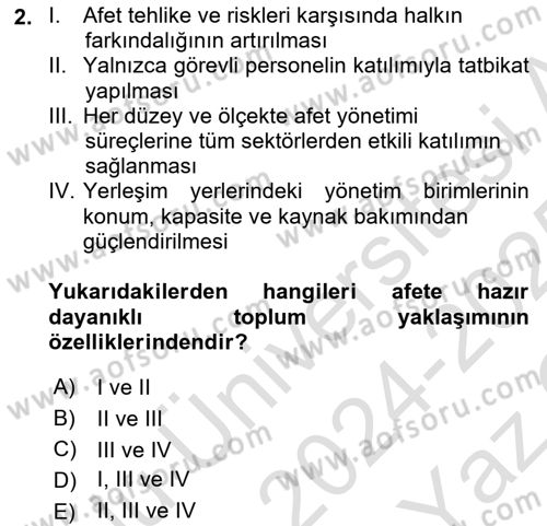 Afet Yönetimi 2 Dersi 2024 - 2025 Yılı Yaz Okulu Sınav Soruları 2. Soru