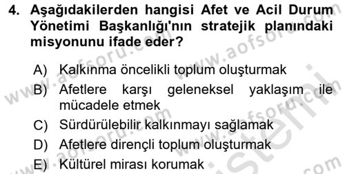 Afet Yönetimi 2 Dersi 2024 - 2025 Yılı Yaz Okulu Sınav Soruları 4. Soru