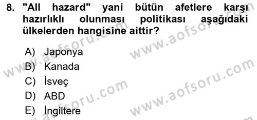 Afet Yönetimi 2 Dersi 2024 - 2025 Yılı Yaz Okulu Sınav Soruları 8. Soru