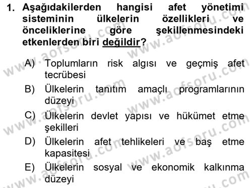 Afet Yönetimi 2 Dersi 2025 - 2026 Yılı (Vize) Ara Sınav Soruları 1. Soru