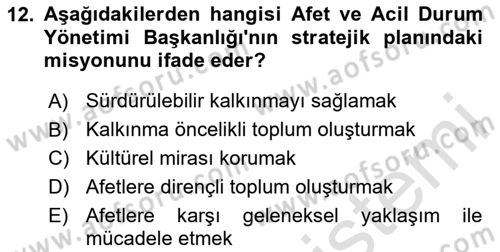Afet Yönetimi 2 Dersi 2025 - 2026 Yılı (Vize) Ara Sınav Soruları 12. Soru