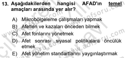 Afet Yönetimi 2 Dersi 2025 - 2026 Yılı (Vize) Ara Sınav Soruları 13. Soru