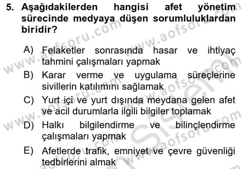 Afet Yönetimi 2 Dersi 2025 - 2026 Yılı (Vize) Ara Sınav Soruları 5. Soru