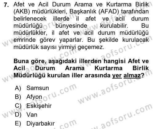 Afet Yönetimi 2 Dersi 2025 - 2026 Yılı (Vize) Ara Sınav Soruları 7. Soru