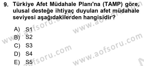 Afet Yönetimi 2 Dersi 2025 - 2026 Yılı (Vize) Ara Sınav Soruları 9. Soru