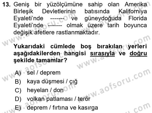 Afet Yönetimi 2 Dersi 2025 - 2026 Yılı Yaz Okulu Sınav Soruları 13. Soru