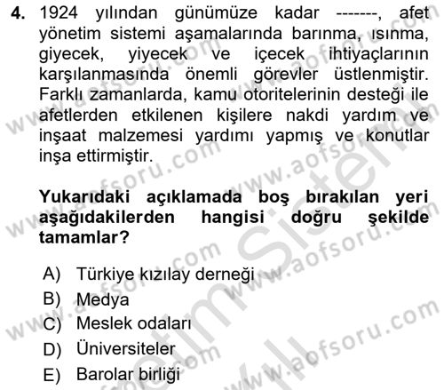 Afet Yönetimi 2 Dersi 2025 - 2026 Yılı Yaz Okulu Sınav Soruları 4. Soru