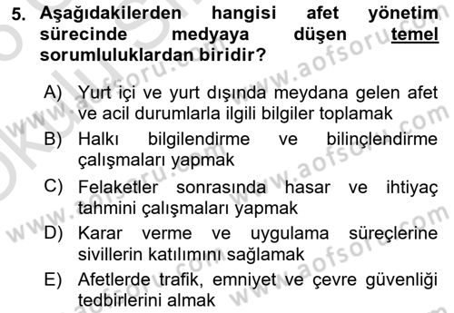 Afet Yönetimi 2 Dersi 2025 - 2026 Yılı Yaz Okulu Sınav Soruları 5. Soru