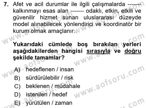 Afet Yönetimi 2 Dersi 2025 - 2026 Yılı Yaz Okulu Sınav Soruları 7. Soru