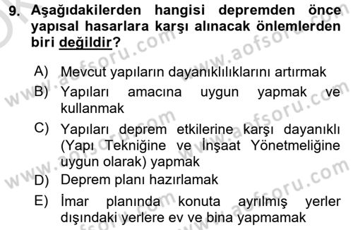 Arama Kurtarma Bilgisi ve Etik Değerler Dersi 2022 - 2023 Yılı Yaz Okulu Sınav Soruları 9. Soru