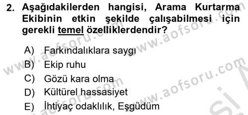 Arama Kurtarma Bilgisi ve Etik Değerler Dersi 2025 - 2026 Yılı Yaz Okulu Sınav Soruları 2. Soru