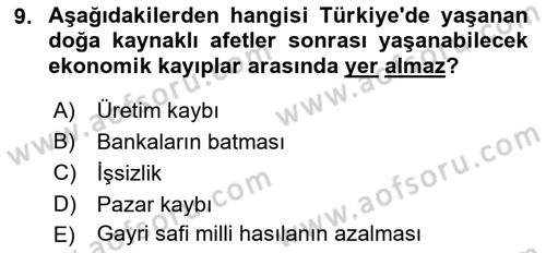 Afet Senaryosu ve Tatbikatlar Dersi 2018 - 2019 Yılı Yaz Okulu Sınav Soruları 9. Soru