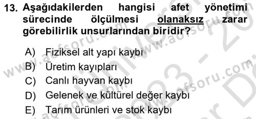 Afet Senaryosu ve Tatbikatlar Dersi 2023 - 2024 Yılı (Vize) Ara Sınav Soruları 13. Soru