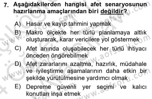 Afet Senaryosu ve Tatbikatlar Dersi 2023 - 2024 Yılı (Vize) Ara Sınav Soruları 7. Soru
