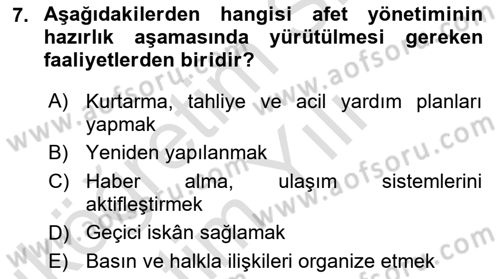 Afet Senaryosu ve Tatbikatlar Dersi 2023 - 2024 Yılı Yaz Okulu Sınav Soruları 7. Soru