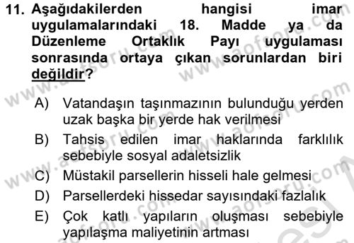 Kent, Planlama ve Afet Risk Yönetimi Dersi Ara Sınavı Deneme Sınav Soruları 11. Soru