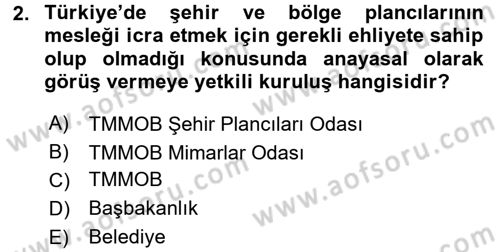 Kent, Planlama ve Afet Risk Yönetimi Dersi Ara Sınavı Deneme Sınav Soruları 2. Soru