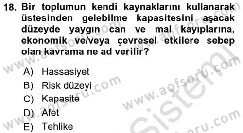 Kent, Planlama ve Afet Risk Yönetimi Dersi 2019 - 2020 Yılı (Final) Dönem Sonu Sınav Soruları 18. Soru