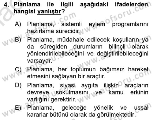 Kent, Planlama ve Afet Risk Yönetimi Dersi 2022 - 2023 Yılı Yaz Okulu Sınav Soruları 4. Soru