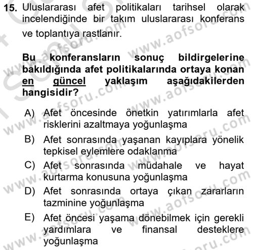 Kent, Planlama ve Afet Risk Yönetimi Dersi 2023 - 2024 Yılı (Final) Dönem Sonu Sınavı 15. Soru