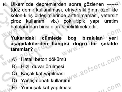 Kent, Planlama ve Afet Risk Yönetimi Dersi 2023 - 2024 Yılı (Final) Dönem Sonu Sınav Soruları 6. Soru