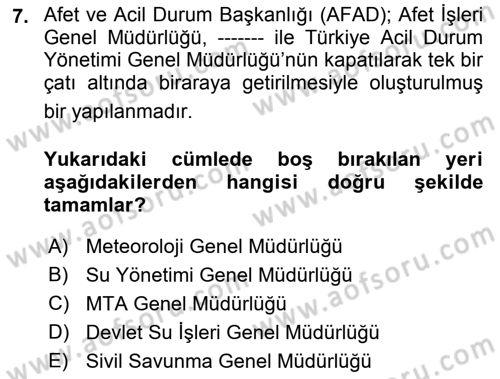 Kent, Planlama ve Afet Risk Yönetimi Dersi 2023 - 2024 Yılı (Final) Dönem Sonu Sınav Soruları 7. Soru