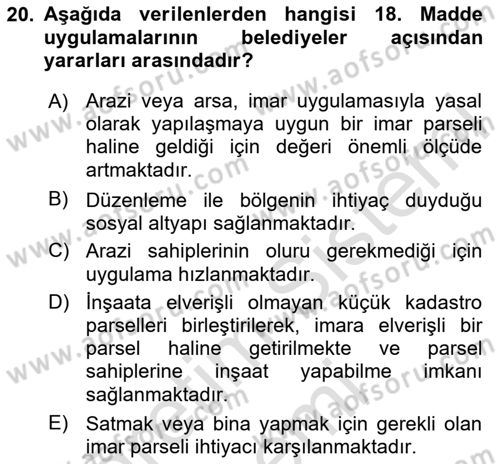 Kent, Planlama ve Afet Risk Yönetimi Dersi Ara Sınavı Deneme Sınav Soruları 20. Soru