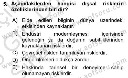 Kent, Planlama ve Afet Risk Yönetimi Dersi Ara Sınavı Deneme Sınav Soruları 5. Soru