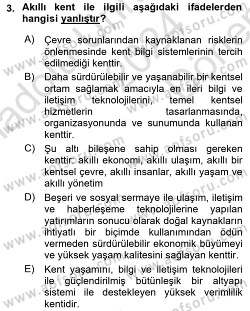 Kent, Planlama ve Afet Risk Yönetimi Dersi 2024 - 2025 Yılı (Final) Dönem Sonu Sınav Soruları 3. Soru