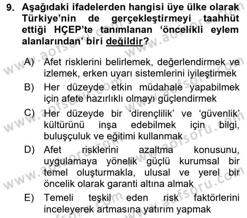 Kent, Planlama ve Afet Risk Yönetimi Dersi 2024 - 2025 Yılı (Final) Dönem Sonu Sınav Soruları 9. Soru