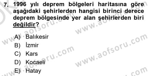 Kent, Planlama ve Afet Risk Yönetimi Dersi 2024 - 2025 Yılı Yaz Okulu Sınav Soruları 7. Soru